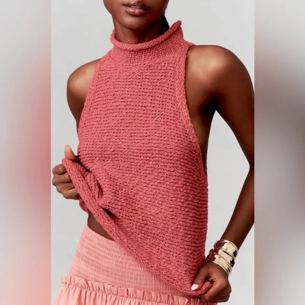 Anthropologie Dusty Pink Sleeveless Textured Mock-Neck Top - Picture 2 of 13